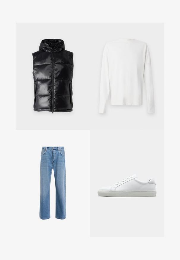 Chaleco acolchado negro con acabado brillante, diseño con capucha, cierre frontal y dos bolsillos laterales. Patrón acolchado para mayor textura.; Camisa de algodón blanca de manga larga con cuello redondo, aberturas laterales en la parte inferior y una textura suave, exhibida desde la parte de atrás.; Jeans de mezclilla azul claro con un diseño de pierna recta, cinco bolsillos, cierre de botón, ligeramente desgastados y detalles de costura en contraste.; Zapatilla blanca con parte superior de cuero liso y perfil bajo. Presenta una puntera redondeada, seis ojales y una suela de goma texturizada.
