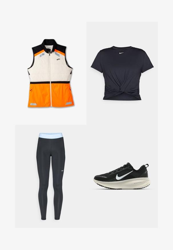 Letvægtsvest med en hvid polstret krop, sort skuldersektion og en livlig orange nederste del. Reflekterende detaljer og lynlåslommer er inkluderet.; Sort atletisk t-shirt lavet af glat stof, med et knyttet frontdesign og et lille hvidt Nike-logo på brystet.; Sorte atletiske leggings med en lys blå talje, der har teksten "NIKE PRO"; glat tekstur og tætsiddende design. Hvid Nike-logo på venstre side.; Sort Nike løbesko med åndbart mesh-overdel, hvidt swoosh-logo, tekstureret detaljering og en cremede ZoomX mellemsål.