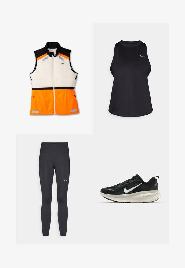 Letvægtsvest med en hvid polstret krop, sort skuldersektion og en livlig orange nederste del. Reflekterende detaljer og lynlåslommer er inkluderet.; Sort ærmeløs løbetrøje lavet af let materiale med rund hals; har et diskret logo og sideåbninger for åndbarhed.; Sorte leggings lavet af strækbart stof, med en høj talje og et hvidt Nike-logo på venstre lår. Glat tekstur, tætsiddende design.; Sort Nike løbesko med åndbart mesh-overdel, hvidt swoosh-logo, tekstureret detaljering og en cremede ZoomX mellemsål.