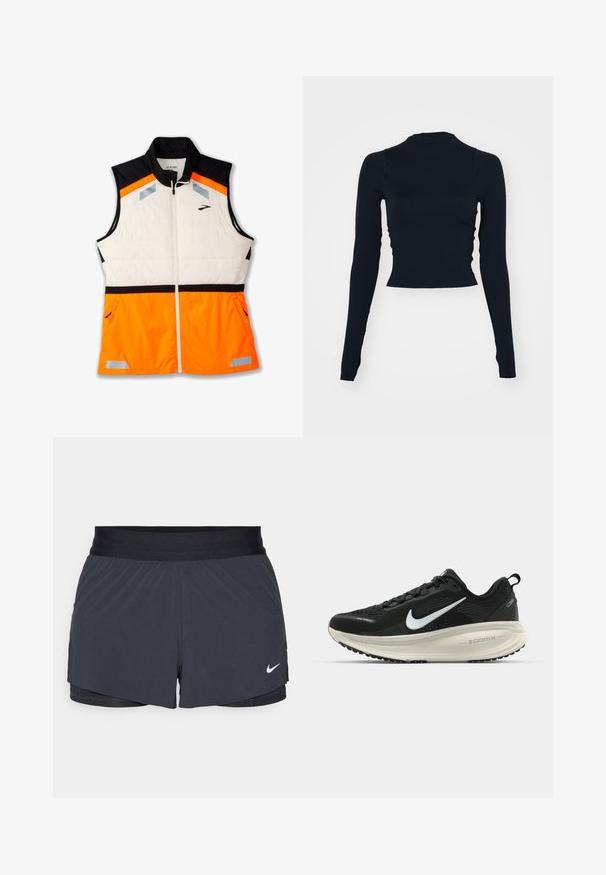 Ľahká vesta s bielou polstrovanou časťou tela, čiernou časťou na pleciach a živou oranžovou dolnou časťou. Obsahuje reflexné akcenty a zipsové vrecká.; Čierny, dlhý rukáv, skrátený top s vysokým výstrihom. Vyrobený z hladkého, priliehavého materiálu bez viditeľných vzorov alebo akcentov.; Čierne športové šortky s elastickým pásom, ktoré majú vrstvený dizajn a malú bielu aplikáciu loga Nike v dolnom ľavom rohu. Ľahký materiál.; Čierne bežecké topánky Nike s priedušnou sieťovinou, bielym logom s symbolom swoosh, textúrovanými detailmi a krémovou ZoomX medzipodrážkou.