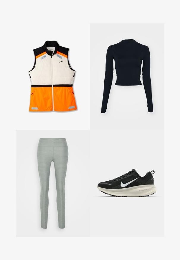 Lekki kamizelka z białą wyściółką, czarną górną częścią i jaskrawopomarańczowym dolnym fragmentem. Zawiera odblaskowe akcenty i kieszenie na zamki.; Czarny, długi rękaw krótki top z wysokim dekoltem. Wykonany z gładkiego, dopasowanego materiału bez widocznych wzorów ani akcentów.; Jasnozielone legginsy wykonane z elastycznego materiału, o gładkiej fakturze, wysokim stanie i dopasowanym kroju. Brak widocznych wzorów lub akcentów.; Czarna biegowa półbut z oddychającej siateczki, białym logo swoosh, teksturowanymi detalami oraz kremową podeszwą środkową ZoomX.