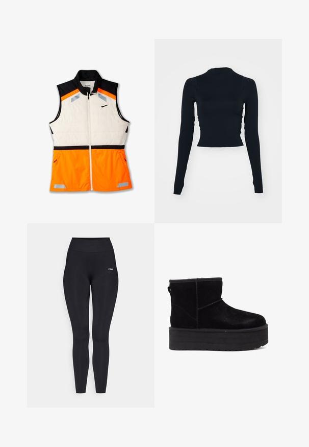 Lahka jakna z belim podloženim delom, črnimi rameni in živahnim oranžnim spodnjim delom. Vključeni so odsevni detajli in žepki z zadrgo.; Črn, dolgi rokavi skrajšan zgornji del s visokim ovratnikom. Narejen iz gladkega, prilegajočega materiala brez vidnih vzorcev ali dodatkov.; Črne leggins hlače z visokim pasom, izdelane iz gladkega, raztegljivega materiala. Imajo majhen logotip blizu pasu.; Črne semiš gležnjarje z debelim podplatom in mehkimi podlogami. Zaključene z dekorativnimi šivi in zadnjim trakom za lažje obuvanje.