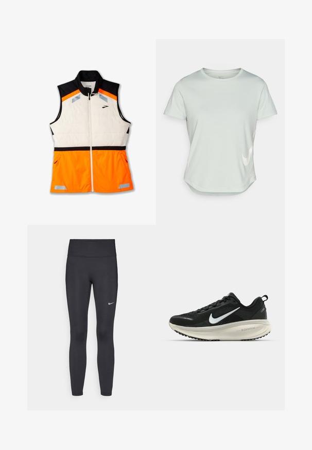 Letvægtsvest med en hvid polstret krop, sort skuldersektion og en livlig orange nederste del. Reflekterende detaljer og lynlåslommer er inkluderet.; Lys grønt kortærmet atletisk skjorte med rund hals. Har et hvidt Nike-logo på fronten og en buet kant. Glat tekstur.; Sorte leggings lavet af strækbart stof, med en høj talje og et hvidt Nike-logo på venstre lår. Glat tekstur, tætsiddende design.; Sort Nike løbesko med åndbart mesh-overdel, hvidt swoosh-logo, tekstureret detaljering og en cremede ZoomX mellemsål.