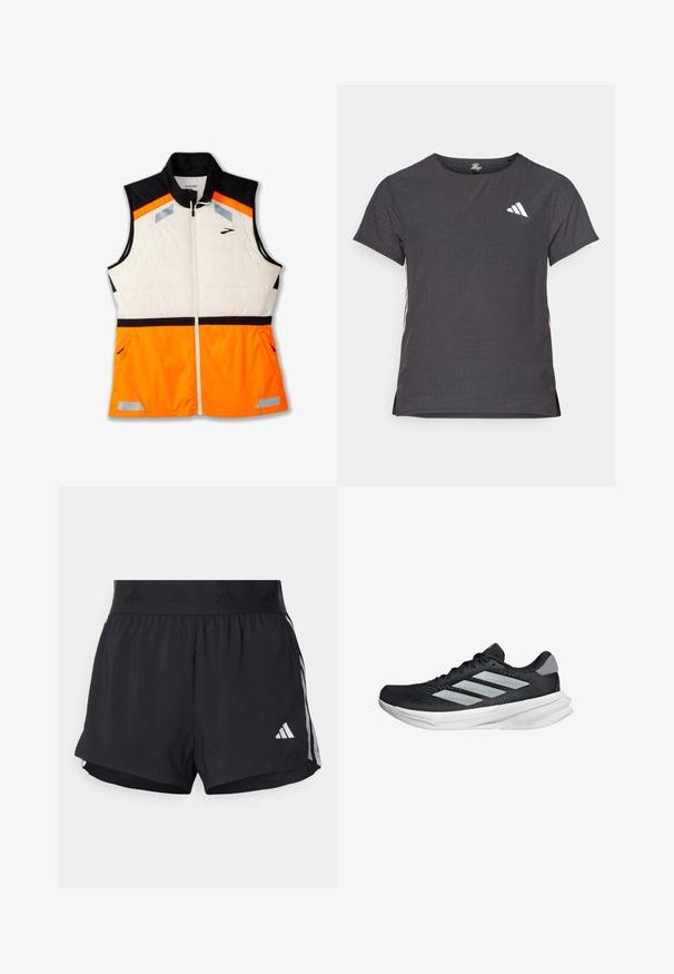 Leichte Weste mit einem weißen gepolsterten Oberteil, schwarzem Schulterbereich und leuchtend orangefarbenem unteren Teil. Mit reflektierenden Akzenten und Reißverschlusstaschen.; Kurze Ärmel Sport-T-Shirt, dunkelgrau mit durchbrochener Textur. Enthält ein weißes Logo und kontrastierende Seitenstreifen. Runder Ausschnitt.; Schwarze Sportshorts mit einem elastischen Bund, ausgestattet mit einem strukturierten Band, seitlichen Streifen und einem weißen Adidas-Logo am unteren Saum.; Schwarzer Laufschuh mit Mesh-Obermaterial, drei silbernen Streifen, weißer Zwischensohle und strukturiertem Außensohle. Verfügt über einen gepolsterten Schaft und eine Schnürung.