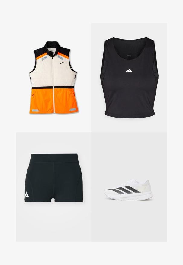 Lightweight vest featuring a white padded body, black shoulder section, and vibrant orange lower part. Reflective accents and zippered pockets included.; Black sports crop top made from moisture-wicking fabric, featuring a round neck, sleeveless design, and white logo on the chest.; Black athletic shorts made of stretchy fabric, featuring a high waistband, fitted shape, and white Adidas logo on the left side.; White athletic shoe with black diagonal stripes, mesh upper, rounded toe, and textured sole. Accents include a silver heel and minimalistic design.