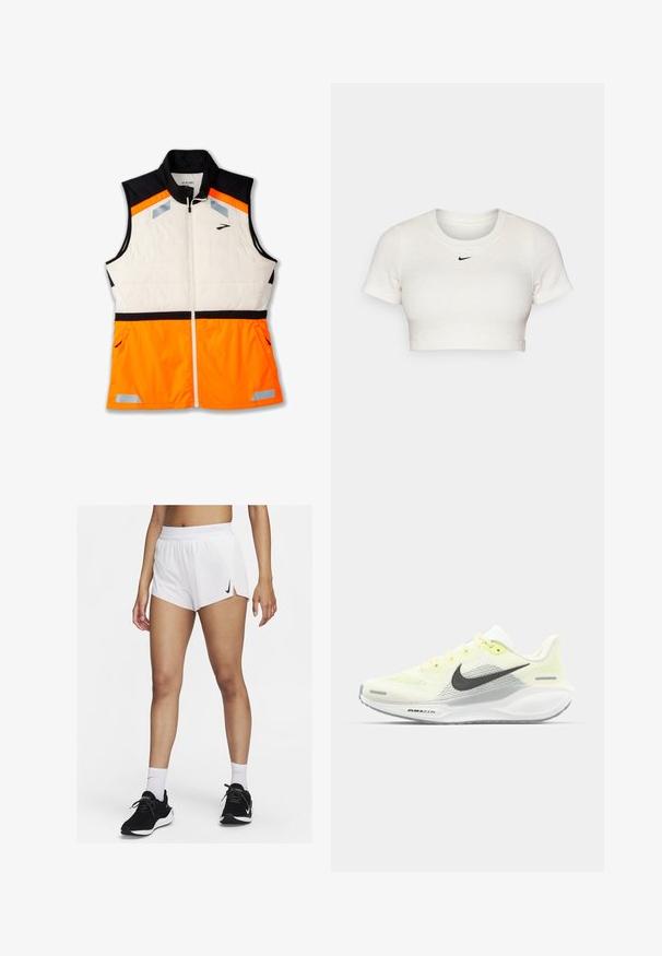 Lichte vest met een witte gevoerde body, zwarte schoudersectie en een feloranje onderkant. Inclusief reflecterende accenten en ritszakken.; Korte witte T-shirt van geribd materiaal met korte mouwen en een ronde hals; heeft een klein zwart Nike-logo op de borst.; Witte sportshorts met een geribbelde tailleband, zijsplitten en een zwarte Nike-logo. Draag ze met zwarte sneakers en witte kousen tot aan de kuit.; Nike hardloopschoenen met een lichtgele en witte mesh bovenkant, grijze accenten en een flexibele rubberen zool. Voorzien van een vetersluiting.