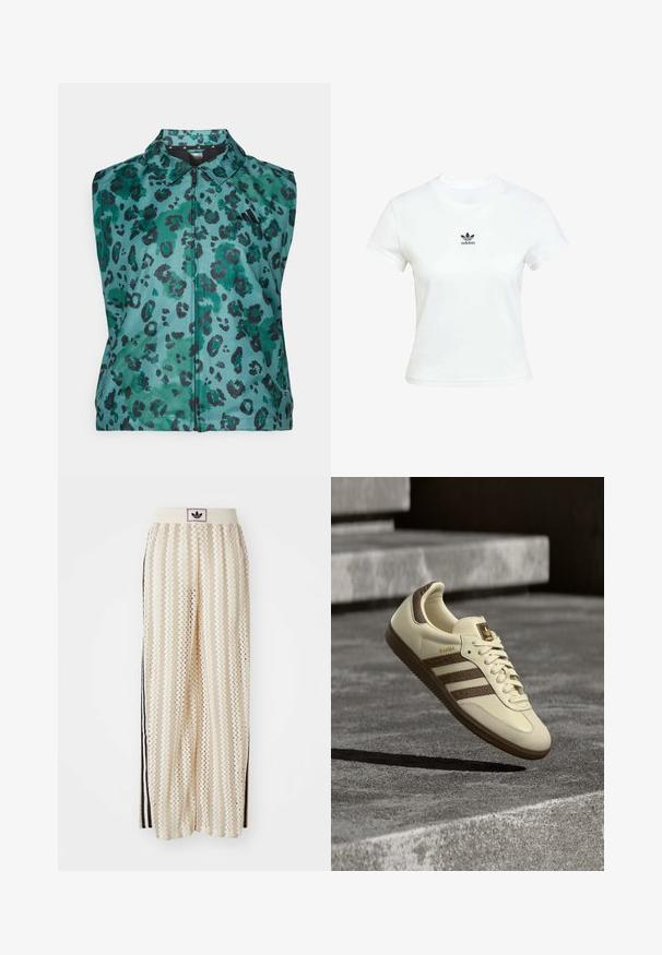 Bezrukavna jakna u tirkiznoj boji s uzorkom leopard printa. Ima ovratnik, cijeli prednji patentni zatvarač i glatku, sjajnu teksturu tkanine.; Bjela pamučna majica kratkih rukava s okruglim izrezom. Ima crni Adidas logo otisnut na prsima. Jednostavan, minimalistički dizajn.; Pantalone širokog kroja krem boje s zigzag uzorkom, koji sadrži sivi pojas s crnim logotipom i bočne crne pruge. Lagani, teksturirani materijal.; Tenisica krem boje sa smeđim detaljima, teksturiranim bočnim prugama i glatkom kožnom završnom obradom. Ima pertlanje i gumeni potplat.