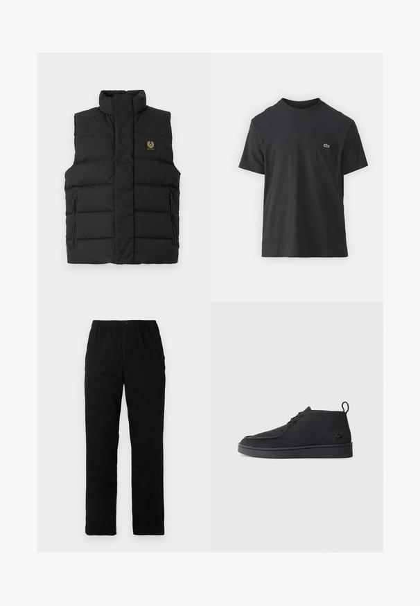 Črna napihljiva usnjena vaja z visokim ovratnikom, sprednjimi žepi na zadrgo in oznako blagovne znamke na prsih. Kvadratna tekstura po celotni površini.; Črna bombažna majica s kratkimi rokavi, okroglo ovratnikom in majhnim zelenim logotipom na levem žepu. Preprost dizajn, redna prileganje.; Črne hlače iz mešanice bombaža, s ravnim krojem, elastičnim pasom z gumbom in brez vidnih vzorcev ali akcentov.; Črni nubuk gležnjarji z vezalkami in zanko za poteg, z teksturiranim podplatom ter majhnim embosiranim krokodilovim logotipom na strani.