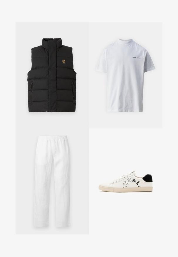 Črna napihljiva usnjena vaja z visokim ovratnikom, sprednjimi žepi na zadrgo in oznako blagovne znamke na prsih. Kvadratna tekstura po celotni površini.; Bela bombažna majica s visokim ovratnikom in kratkimi rokavi. Na sprednji strani je črn logotip "SAMSØE SAMSØE". Gladka tekstura.; Bele lanene hlače z elastičnim pasom, ravnim krojem in mehko teksturo brez vidnih vzorcev ali kovinskih detajlov.; Bela usnjena športna obutev z črnimi poudarki na peti, ki se ponaša z izrazitim črnim napisom na strani in gumijastim podplatom. Minimalistična zasnova.