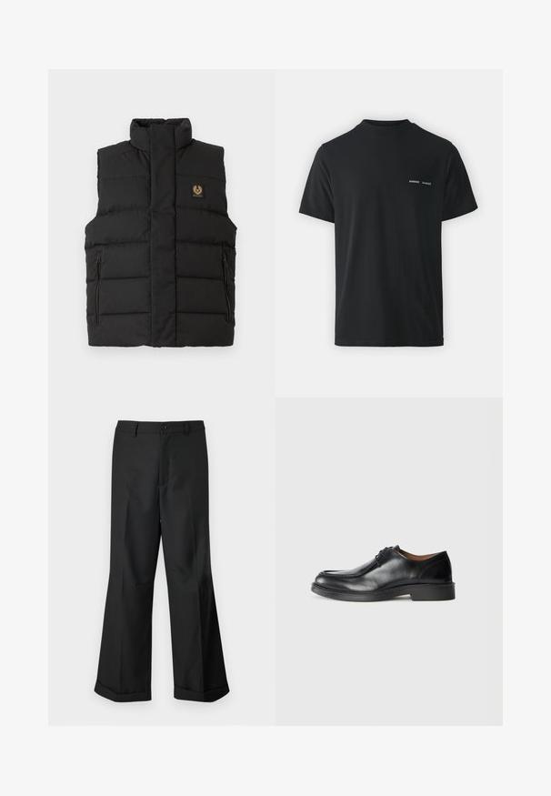 Juodas pūkinis liemenė su aukštu apykakle, priekiniais užtrauktuko kišenėmis ir prekės ženklo logotipo patekimu ant krūtinės. Visas paviršius yra siuvinėtas.; Juodas medvilnės marškinėliai su klasikinėmis apvalios apykaklės, trumpomis rankovėmis ir dviem mažais baltais "SAMSØE" logotipais ant kairiojo krūtinės.; Juodos plačios kelnės su mygtukų juosmeniu ir raukšlėmis, eksponuojamos prieš paprastą baltą foną.; Juodų odinių batų su apvalia nosimi, lygiu paviršiumi, raišteliais ir žemu, struktūrizuotu guminio pado padu. Aiškios linijos ir minimalus dizainas.