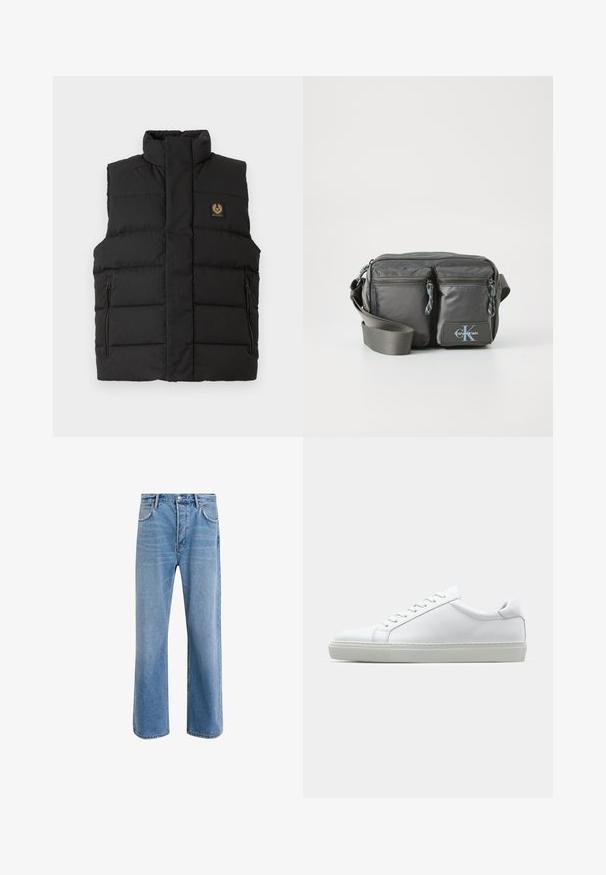 Černá péřová vesta s vysokým límcem, předními kapsami na zip a nášivkou loga na hrudi. Prošívaná textura po celém povrchu.; Halenka s dlouhým rukávem a stojáčkem z jemné krémové bavlny. Hladký povrch, volný střih, minimalistický design, bez viditelných vzorů nebo akcentů.; Světle modré džínové kalhoty s rovnými nohavicemi, pěti kapsami, zapínáním na knoflík, minimálním vyblednutím a kontrastním prošitím.; Bílé tenisky s hladkým koženým svrškem a nízkým profilem. Mají zaoblenou špičku, šest nýtů a texturovanou gumovou podrážku.; Šedá nylonová crossbody taška s dvěma zipovými předními kapsami, nastavitelným popruhem a logem. Hladká textura s moderním designem.
