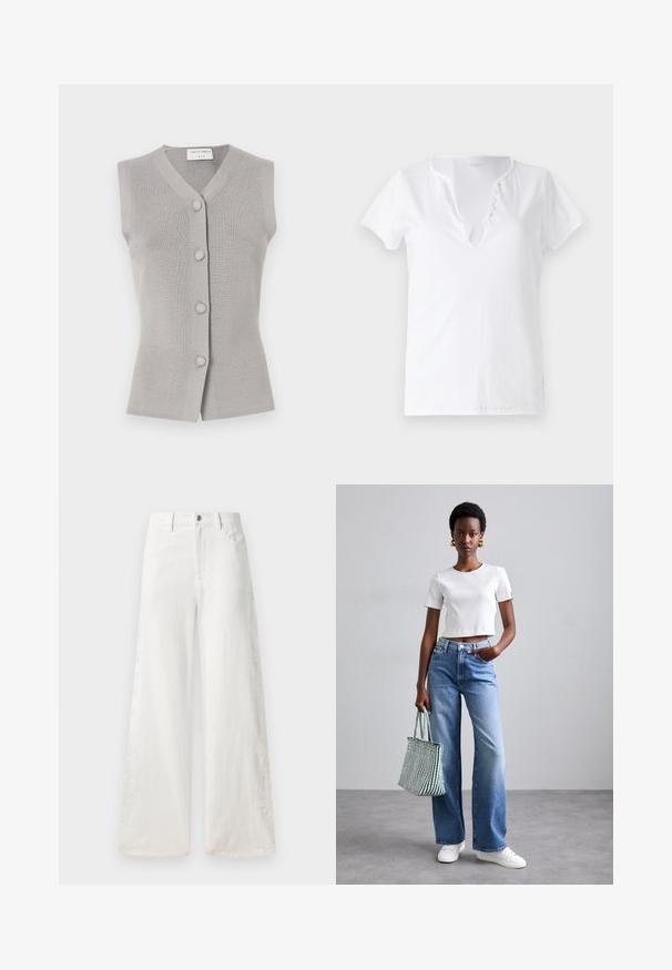Lys grå, ermeløs strikket vest med V-hals, fem runde knapper foran og ribbestruktur. Rent, enkelt design uten mønstre.; Hvit bomulls T-skjorte med kort erm, avslappet passform og V-hals med en stolpe med fem dekorative knapper.; Hvite vide jeans laget av denim med sidebroderimønstre og tradisjonell fem-lommer-design. Glidelås med knapp.; Hvit ribbet cropped t-skjorte, lyseblå vide jeans og hvite joggesko. Holder en grønn og hvit stripete totebag.
