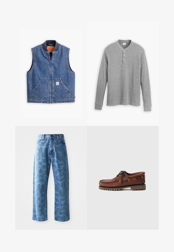 Colete de ganga com fecho zip na frente, gola canelada, dois bolsos frontais e um rótulo. Apresenta um clássico efeito de lavagem azul e um design estruturado.; Camisa henley de manga longa cinza, feita de tecido canelado, com uma pala de três botões e um decote redondo com uma forma ligeiramente ajustada.; Jeans de ganga azul claro com um discreto padrão floral tonal, corte largo, design de cinco bolsos e fecho por botão na cintura.; Sapatilha de barco em couro castanho com superior texturizado, fecho a cordão preto e ilhós dourados. Apresenta uma sola de borracha durável e estriada.