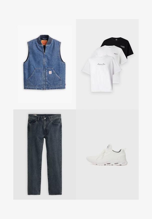 Vesta din denim cu fermoar frontal, guler ribbit, două buzunare frontale și o etichetă. Prezintă o spălare clasică albastră și un design structurat.; Trei tricouri într-un pachet: unul negru, două albe. Mâneci scurte, guler rotund, cu grafice de text pe piept în culori contrastante. Material din bumbac.; Blugi din denim albastru închis cu un design drept, cinci buzunare și închidere cu nasture. Țesătura prezintă o decolorare subtilă și o textură.; Adidași albi cu un superior din țesătură texturată, șireturi plate și o talpă cu perne de aer vizibile pentru suport suplimentar.