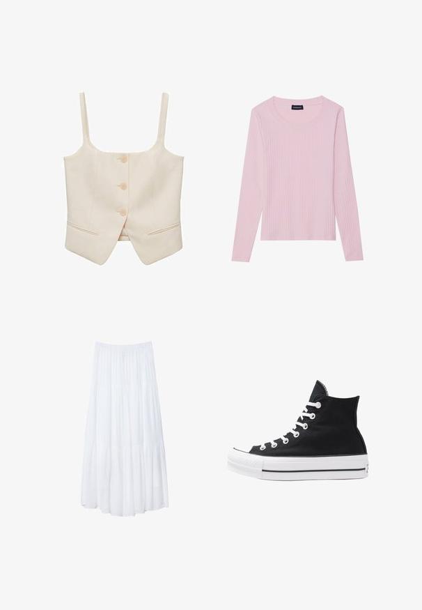 Crème cropped top met brede banden, voorzien van drie knopen en twee zijzakken. Gemaakt van gladde stof met een getailleerde pasvorm en gestructureerde vorm.; Lichtroze langwerpige ribgebreide top met een ronde halslijn en een aansluitende pasvorm. Gemaakt van zachte, gestructureerde stof. Minimalistisch ontwerp, geen patronen.; Witte, gelaagde maxi-rok van lichtgewicht stof. Voorzien van een elastische tailleband en een vloeiende ontwerp met een zachte, subtiele textuur.; Hoge zwarte canvas sneaker met witte oogjes, veters en rubberen zool. Beschikt over een gestructureerde neuskap en zwart-witte streepaccenten.
