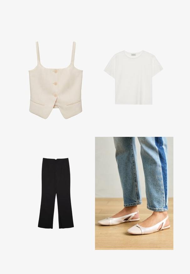 Cream cropped vest with wide straps, featuring three buttons and two side pockets. Made of smooth fabric with a tailored fit and structured shape.; White short-sleeve T-shirt made of soft cotton. Features a round neckline and relaxed fit. Clean design with no visible patterns or accents.; Black trousers with a straight fit, featuring front pockets and side slits at the hem. Made of soft, smooth fabric. Suitable for various occasions.; Pale pink slingback flats with a pointed toe, made from a smooth leather-like material. Features cut-out details at the sides and a flat heel.
