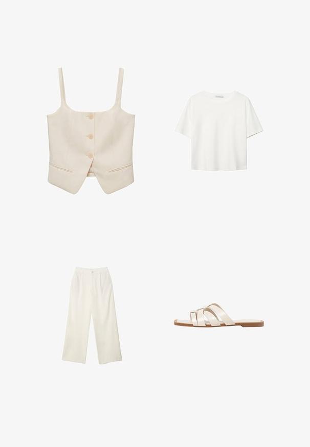 Kermakroppitoppi, jossa on leveät hihnat, kolme nappia ja kaksi sivutaskua. Valmistettu sileästä kankaasta, jossa on muotoiltu istuvuus ja jämäkkä muoto.; Valkoinen lyhythihainen T-paita, joka on tehty puuvillasta. Siinä on pyöreä kaula-aukko ja rento malli. Silkkinen pinta ilman näkyviä kuvioita tai koristeita.; Kermanhousut vaaleassa kankaassa, jossa on sileä rakenne, yksittäinen etunappi, hienovaraiset laskokset ja korkea vyötärömuotoilu.; Tason vaaleanruskealla kumipohjalla, jossa on kolme päällekkäistä valkoista nahkaremmiä ja pieni satiininen rusetti keskellä.