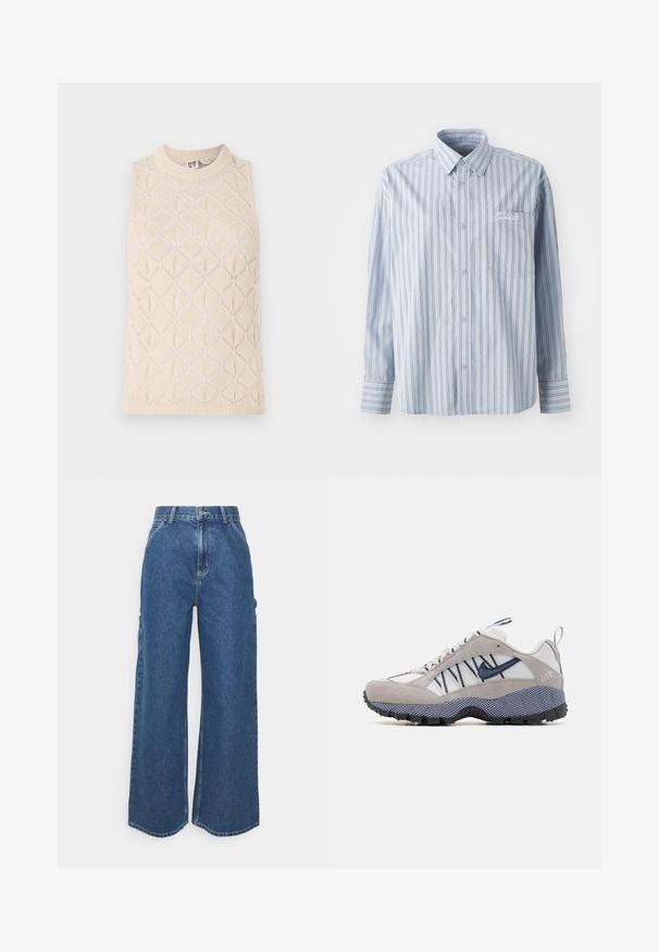 Kremveidota adīta bez piedurknēm virsotne ar dimanta rakstu, ribinātu apkakli un tekstūru. Izgatavota no mīksta diega ar vieglu, elpojošu sajūtu.; Gaiši zils garām piedurknēm pogājams krekls ar baltām un tumšām vertikālām svītrām un frontālo krūšu kabatu, kurai ir balta rakstīšanas izšuve.; Platleņķa zili džinsi ar augstu jostasvietu, kontrastējošām šuvēm un sānu kabatām, ar klasisku piecu kabatu dizainu un neapstrādātiem malām.; Pelēki un balti kedu ar zamša un tīkla materiāliem, ar gumijas zoli, jūras zila akcentiem un raksturīgu auklu dizainu.