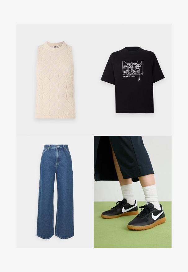 Kremfarget strikket ermeløs topp med diamantmønster, ribbet hals og tekstur. Laget av myk garn med en lett og pustende følelse.; Svart T-skjorte laget av bomull med korte ermer. Har et hvitt edderkoppnett grafikk og logo på fronten. Enkel rund hals.; Videbeinete blå denimbukser med høy midje, kontraststing, og sidelommer, med et klassisk fem-lommers design og rå kanter.; Sorte lær- og syntetiske joggesko med hvit Nike swoosh, gummisåle, rund tå og sorte lisser. Ribbet hvite sokker synlige.