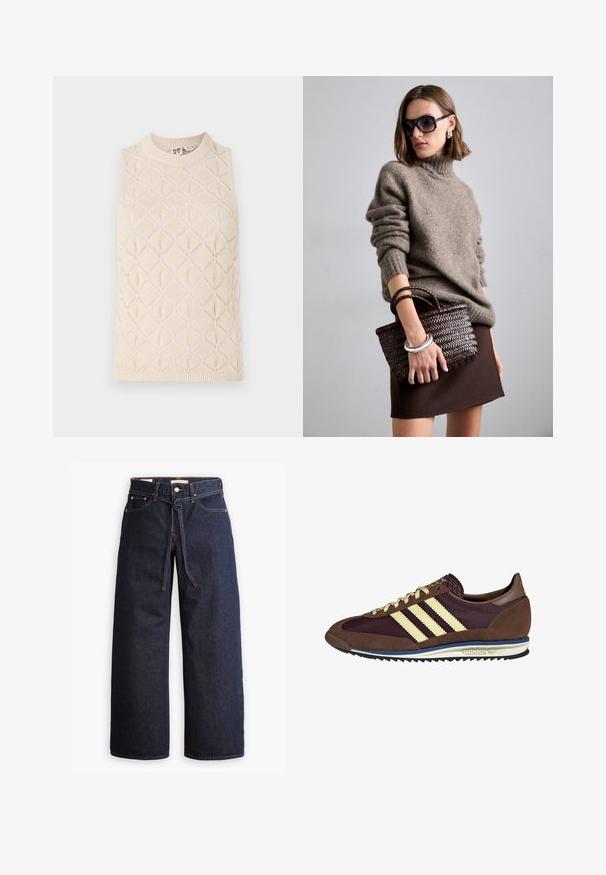 Cremfarbiges, gestricktes, ärmelloses Top mit einem Rautenmuster, geripptem Ausschnitt und Struktur. Hergestellt aus weichem Garn mit einem leichten, atmungsaktiven Gefühl.; Weißes Langarmshirt mit rundem Halsausschnitt. Der Stoff hat ein strukturiertes Muster mit vertikalen Linien und gerippten Details.; Weite, dunkelblaue Jeans aus Denim mit hoher Taille, ausgestattet mit einem Kordelzug, fünf Taschen und kontrastierenden Nähdetails.; Braune und burgunderfarbene Sneaker aus Wildleder und Mesh-Materialien, mit drei cremefarbenen Streifen, strukturiertem Stoff an der Zunge und einer Gummisohle.; DRAGON DIFFUSION MINI FLAT GORA - Handtasche - dark brown