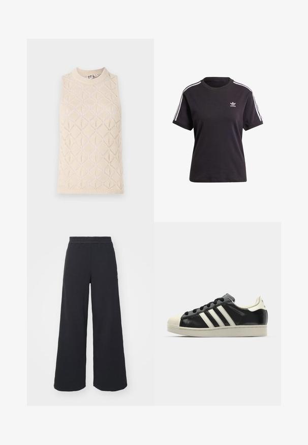 Krémový pletený top bez rukávů s diamantovým vzorem, žebrovaným výstřihem a strukturou. Vyrobeno z měkké příze s lehkým a prodyšným pocitem.; Černé bavlněné tričko s krátkým rukávem a kulatým výstřihem, na ramenou s bílými pruhy a malým bílým logem Adidas na hrudi.; Černé široké tepláky vyrobené z měkké tkaniny, s elastickým pasem a malým logem na levé straně.; Černé kožené sneakers s bílými pruhy, gumovou špičkou, černými tkaničkami a krémovou podešví. Hladký povrch s lesklým finišem.