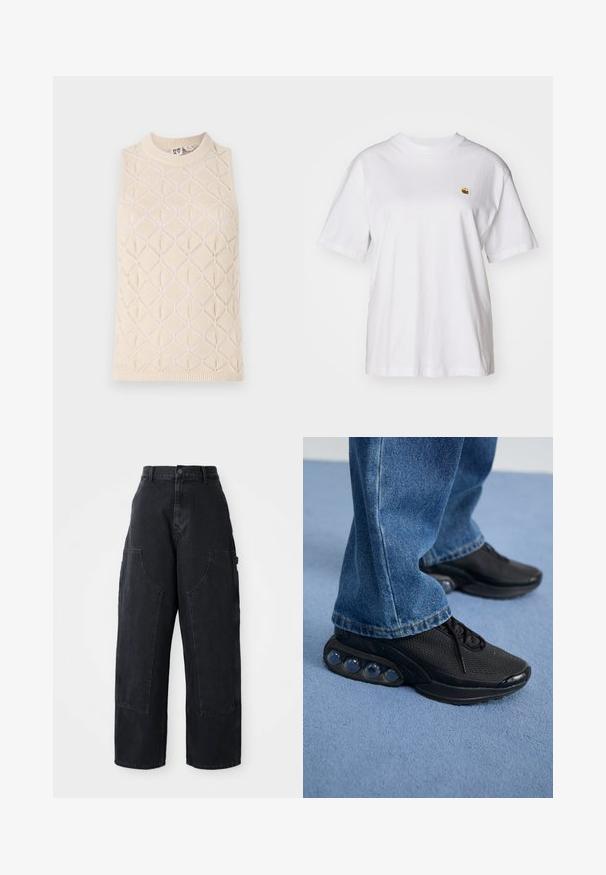 Top sem mangas em fio tricotado creme com um padrão em diamante, gola canelada e textura. Feito de fio macio com uma sensação leve e respirável.; T-shirt branca de algodão com um corte descontraído, mangas curtas e um pequeno logótipo bordado na área do peito esquerdo.; Calças cargo largas de ganga preta com uma cintura alta, dois bolsos frontais grandes e um fecho de botão na cintura. Textura suave, design casual.; Ténis atléticos pretos com parte superior em malha, detalhes texturizados e almofadas de amortecimento de ar visíveis na sola. Usados com uns jeans de ganga azuis.