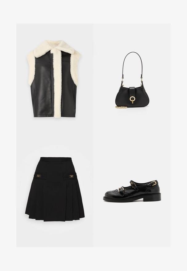 Czarna skórzana kamizelka z kremowym kołnierzem i wykończeniem z sztucznego futra, bez rękawów, z bocznymi kieszeniami. Miękka tekstura, z wyraźnymi liniami i minimalistycznym stylem.; Czarny top z długim rękawem, z teksturowanej tkaniny, z falbaną na dolnym brzegu oraz białymi falbankami przy kołnierzyku i mankietach. Posiada centralne zapięcie na pętelkę.; Czarna plisowana spódnica z złotymi akcentami. Posiada boczne kieszenie z logo, wykonana z gładkiego materiału. Sylwetka w kształcie litery A.; Czarne skórzane buty z detalami brogu, z dwoma klamrami, okrągłym noskiem i niskim obcasem. Gładka tekstura z błyszczącym wykończeniem.; sandro - Torebka