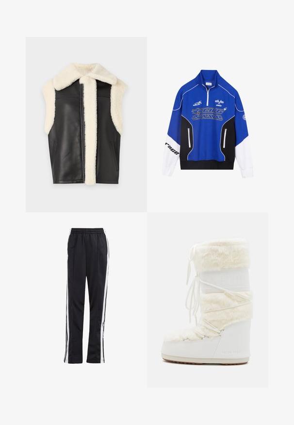 Black leather vest with cream faux fur collar and trim, sleeveless design, and side pockets. Soft texture with clean lines and minimalist style.; Blue and black zip-up sweatshirt with white accents, featuring "RACING" logo in bold font, high collar, and two zippered pockets.; Black track pants with white side stripes, elastic waistband, and a logo patch. Made from smooth, lightweight fabric. Straight leg design.; White Moon Boot with faux fur upper, lace-up front, and rubber sole. Textured finish and embossed logo on side. Chunky, padded design.