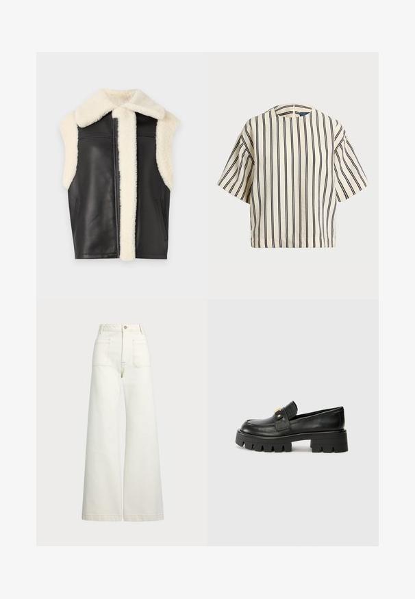 Melnā ādas veste ar krēmkrāsas mākslīgās kažokādas apkakli un apdari, bez piedurknēm un ar sānu kabatām. Mīksta tekstūra ar tīrām līnijām un minimālistisku stilu.; Kreklus, svītrainā blūze ar īsām piedurknēm, krēmkrāsā un tumši zilā tonī, ar apaļu apkakli un kvadrātveida dizainu, izgatavota no teksturētas auduma.; Platās kājas džinsi off-white denima. Augsta jostasvieta ar pogu aizdari, divas priekšējās kabatas un kontrastējošas šuvju detaļas.; Melni ādas mokasīni ar masīvu zoli, ar zeltaini akcentu priekšā un gludu apdari. Masīva protektora dizains uz zoles.