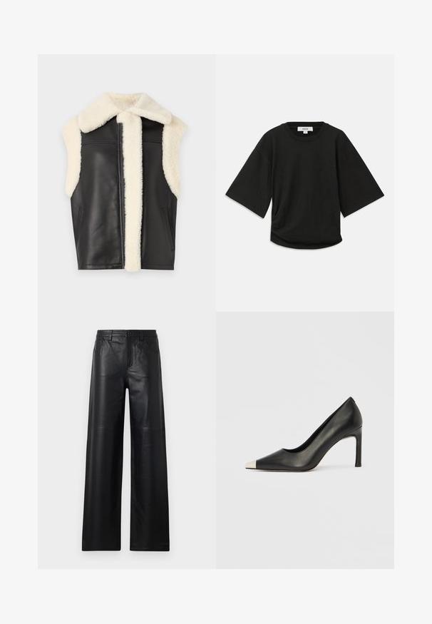Colete de pele preta com colarinho e acabamento em pelúcia creme, design sem mangas e bolsos laterais. Textura suave com linhas limpas e estilo minimalista.; Camiseta preta de manga curta feita de algodão macio, com decote redondo e um corte descontraído, apresentando um detalhe ligeiramente franzido na lateral.; Calças de couro pretas de perna larga com uma textura suave, apresentando bolsos frontais, fecho com botão e detalhes de costura subtis.; Sapato de salto alto em couro preto com bico apontado e biqueira metálica prateada. Apresenta um acabamento liso e um salto esguio de 10 cm.