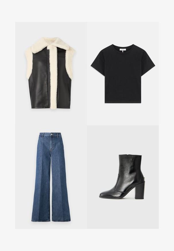 Fekete bőr mellény krém színű műszőrme gallérral és díszítéssel, ujjatlan dizájnnal és oldalzsebekkel. Puha tapintás, letisztult vonalak és minimalista stílus.; Fekete cropped póló, pamutból készült, kerek nyakú, rövid ujjú, egyszerű dizájnnal, minta vagy díszítés nélkül.; Nagyméretű kék farmernadrág magas derékkal, klasszikus öt zsebes stílussal és gombos záródással, struktúrált pamutszövetből készült.; Fekete bőr bokacipő sima textúrával, hegyes orral és vastag, magas sarkával. Oldalnyílással és minimalista dizájnnal rendelkezik.