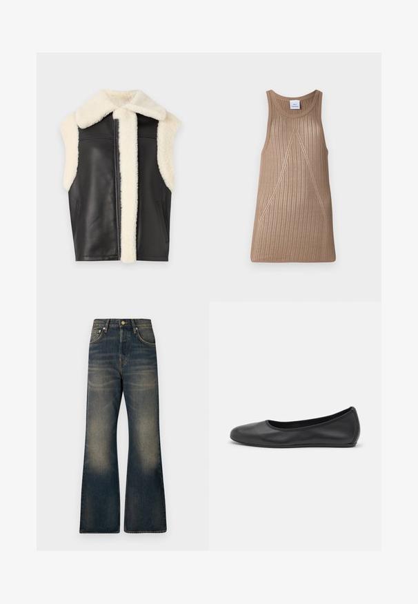 Čierna kožená vesta s krémovým umelým kožušinovým golierom a lemovaním, bezrukávový dizajn a bočné vrecká. Jemná textúra s čistými líniami a minimalistickým štýlom.; Bežový, bezrukávový pletený top s rebrovanou textúrou, majúci A-linie tvar a jemné diagonálne švy.; Džínsy s rozšírenými nohavicami v tmavomodrej farbe s vyblednutým vzhľadom, s piatimi vreckami, zapínaním na gombík a kontrastnými švami.; Čierne kožené baleríny s okrúhlou špičkou, hladkým povrchom, minimálnym prešívaním a flexibilným dizajnom podrážky.