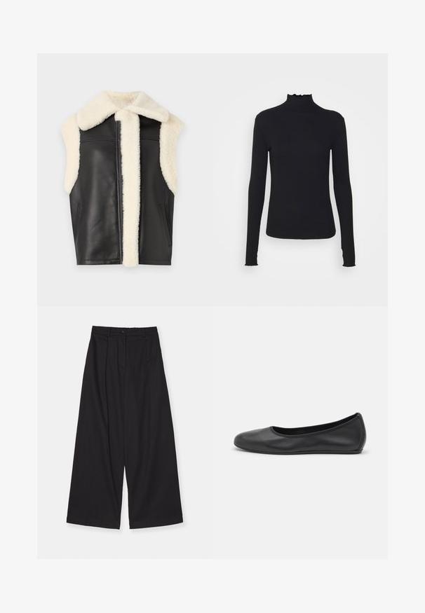 Czarna skórzana kamizelka z kremowym kołnierzem i wykończeniem z sztucznego futra, bez rękawów, z bocznymi kieszeniami. Miękka tekstura, z wyraźnymi liniami i minimalistycznym stylem.; Czarny, długi rękaw, golf z gładkiego materiału, z falbaniastym kołnierzem i dopasowanym krojem z prostymi brzegami.; Czarne spodnie o szerokim kroju wykonane z gładkiego materiału, z wysokim stanem, plisami z przodu, zapięciem na guziki i prostym krojem.; Czarne skórzane baletki z zaokrąglonym noskiem, gładką fakturą, minimalnymi przeszyciami i elastycznym designem podeszwy.