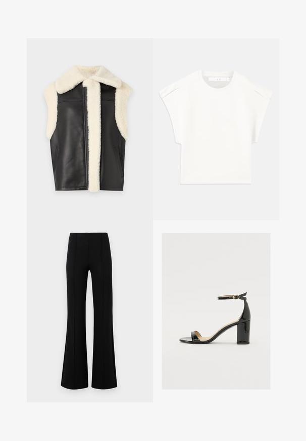 Schwarze Lederweste mit einem cremefarbenen Kunstfellkragen und -besatz, ärmelloses Design und seitlichen Taschen. Weiche Textur mit klaren Linien und minimalistischem Stil.; Weißes, kastig geschnittenes T-Shirt mit kurzen Ärmeln. Hergestellt aus glattem Stoff, mit Rundhalsausschnitt und dezenten Schulterakzenten. Einfaches Design.; Schwarze Schlaghose mit hoher Taille, aus dehnbarem Material. Mit vertikalen Nahtdetails auf der Vorderseite und einer glatten Textur.; Schwarze Lackleder-Sandalette mit weitem Absatz, offener Zehenpartie und Knöchelriemen mit goldener Schnalle. Glatte Textur und elegantes Design.