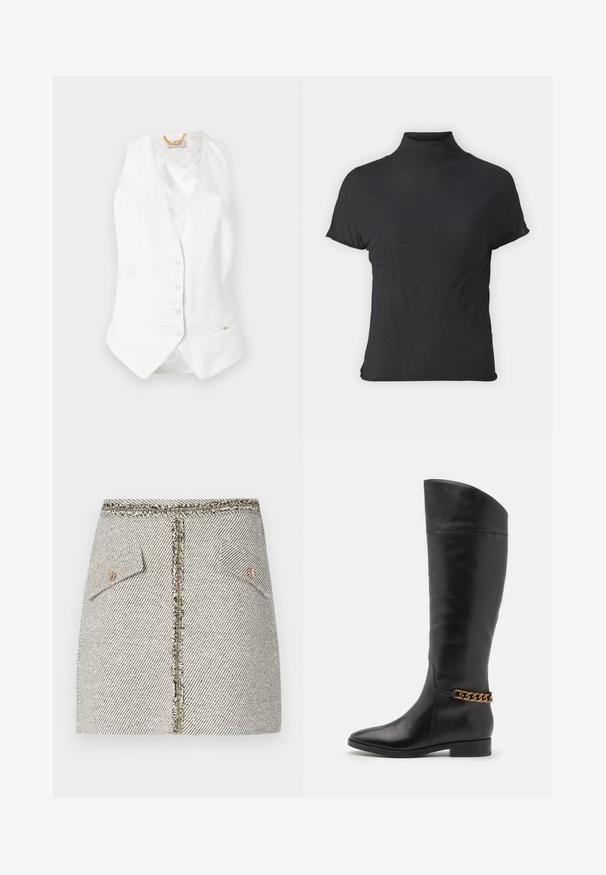 Valkoinen pellavaliivi syvällä V-kaula-aukolla, kuudella napilla ja sivutaskulla. Sisävuori on hienovaraisesti kuviollista kangasta. Näkyvissä kultaiset yksityiskohdat.; Musta lyhythihainen turtleneck-paita, joka on valmistettu kevyestä kankaasta, jossa on sileä rakenne ja tiukka muotoilu, ja siinä on korkea kaulus.; Kudottu tweed-hame valkoisen ja mustan herringbone-kuvion kanssa, jossa on kaksi etutaskua ja kultasävyinen vetoketju takana, jossa on kuluneet reunat.; Pitkiä mustista nahkasaappaista, joissa on tyylikäs muotoilu, terävä kärki ja kultaketjuakseli nilkassa. Matala lohko korko. Sujuva pinta.