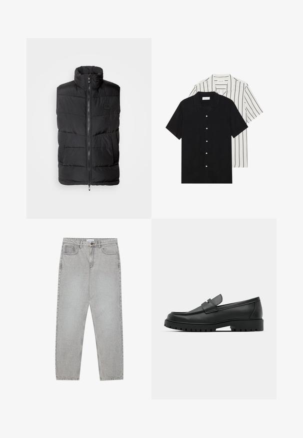 Svart pufferväst med hög krage, blixtlås framtill och texturerade sidopaneler. Vadderat mönster överallt och minimal logotypdetalj.; Två kortärmade skjortor: en helt svart och en vit med svarta vertikala ränder. Båda har knäppningar och en klassisk krage.; Ljusgrå denimbyxor med rak benform, femficksdesign och knappstängning. Synliga sömmar längs sömmarna.; Svarta lädersneakers med rund tå, med en sydd design, låg plattformssula och en texturerad, mönstrad gummisula.