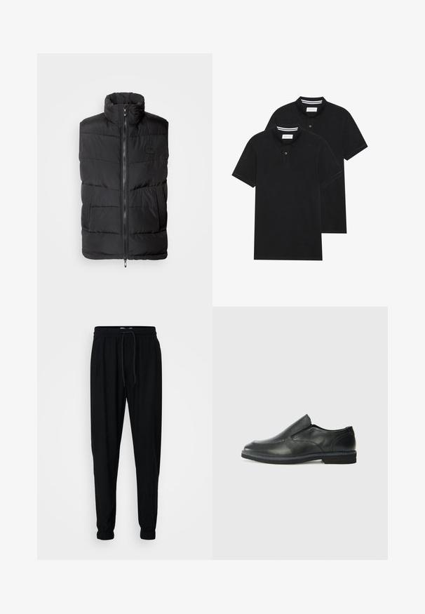 Melns pūkains bezmugura veste ar augstu apkakli, priekšējo rāvējslēdzēju un teksturētām sānu paneļiem. Iekšējā dībe jeb quilted raksts visā vestē un minimāls zīmola apzīmējums.; Divas melnas polo krekli, īsām piedurknēm, no kokvilnas materiāla, ar klasisku apkakli, divu pogu aizdari un balti svītroti akcenti apkakles iekšpusē.; Melnas sporta bikses, kas izgatavotas no mīksta auduma, ar elastīgu jostu, auklu un elastīgām aprocēm pie potītēm, nodrošinot pieguļošu piegriezumu.; Melnas ādas slip-on kurpes ar gludu augšdaļu, izšūtām akcentiem, noapaļotu purngala daļu un zemu gumijas papēdi. Zole ar minimālu rakstu.