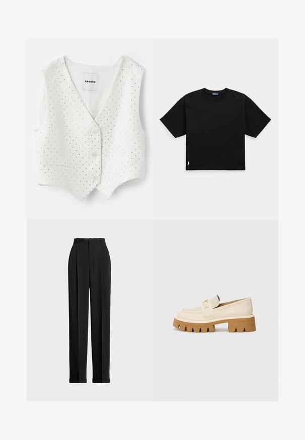 Baltas liemenės modelis su V formos iškirpte, su tekstūruotu paviršiumi, išmargintu mažomis sidabrinėmis kniedėmis, dviem mygtukais ir šonine kišenėle.; Juodas medvilnės marškinėliai trumpomis rankovėmis, apvaliu kaklu ir mažu baltu logotipu apatiniame kairiajame kampe. Klasikinis, dėžutės formos siluetas su minimaliu apdailos detalių skaičiumi.; Juodos pritaikytos kelnės su aukštu liemeniu, su klostėmis priekyje, tiesaus kirpimo ir užlenktais kraštais. Pagamintos iš lygaus audinio.; Šviesiai žemiški loafersai su tekstūruota grietinėlės spalvos juostele, turintys tvirtą rudą padą su dantytomis raštais. Auksinė akcento detalė ant sagties.