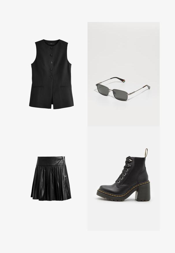 Schwarze ärmellose Weste mit rundem Halsausschnitt, sechs vorderen Knöpfen und zwei Seitentaschen, aus einem glatten Stoff gefertigt.; Weißes Hemd mit langen Ärmeln, strukturiertem Kragen und abgerundetem Saum. Hergestellt aus einem glatten, einfarbigen Stoff ohne sichtbare Muster oder Akzente.; Schwarzer Leder-Röhrenrock mit einer glatten Textur, ausgestattet mit einem seitlichen Reißverschluss und einem hohen Bund für ein strukturiertes Design.; Schwarze Lederstiefelette mit einem klobigen hohen Absatz, Schnürung vorne, metallischen Ösen und gelben Nähten entlang der Sohle. Strukturierten Gummiaußensohle.; Polaroid UNISEX - Sonnenbrille - matte black