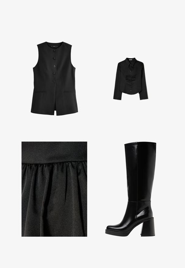 Czarna bezrękawnikowa kamizelka z okrągłym dekoltem, sześcioma guzikami z przodu i dwiema bocznymi kieszeniami, wykonana z gładkiego materiału.; Czarna longsleeve z gładkiego materiału, z wyraźnym kołnierzykiem, z przodem zapinanym na guziki oraz skróconym dołem z bocznymi rozcięciami.; Czarna tkanina o subtelnej połysku, z marszczoną strukturą i spływającymi plisami. Gładka powierzchnia z błyszczącymi akcentami w całej strukturze.; Czarne kozaki do kolan wykonane z błyszczącego materiału, z masywnym, blokowym obcasem i okrągłym noskiem. Szwy biegną wzdłuż zewnętrznej strony.