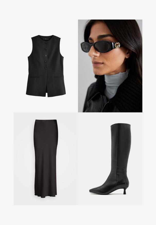 Sort ærmeløs vest med rund halsudskæring, seks frontknapper og to sidelommer, lavet af et glat stof.; Sort langærmet T-shirt lavet af blød stof. Har en bred rund halsudskæring og en løs pasform med lige kant. Ingen synlige mønstre eller detaljer.; Sort, maxiskørt i satin med en glat tekstur, tætsiddende talje og A-formet silhuet, uden synlige udsmykninger eller mønstre.; Zign Høje støvler/ Støvler - black; Sorte solbriller med en strømlinet rektangulær ramme og en guld logoaccent på siden. Mørke linser og blank overflade er fremtrædende.