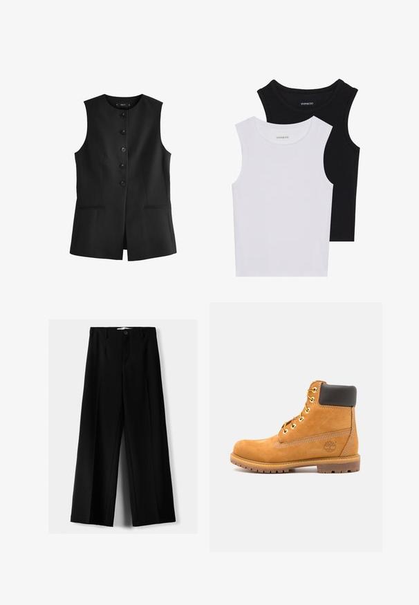 Fekete ujjatlan mellény lekerekített nyakkivágással, hat elülső gombbal és két oldalsó zsebbel, sima anyagból készült.; Két ujjatlan felső fekete és fehér színben, bordás pamutból készült, kerek nyakkivágással és testhez simuló fazonnal. Mindkettőn látható címke.; Fekete, bő szárú nadrág, könnyű anyagból, elöl gombos záródással és sima elfröccsenésű fazonnal, szépen varrott szegélyekkel.; Barna bőr bokacsizma fekete párnázással, arany fűzőszemekkel és textúrált talppal. Oldalán kör alakú logóval és díszítő varrással rendelkezik.