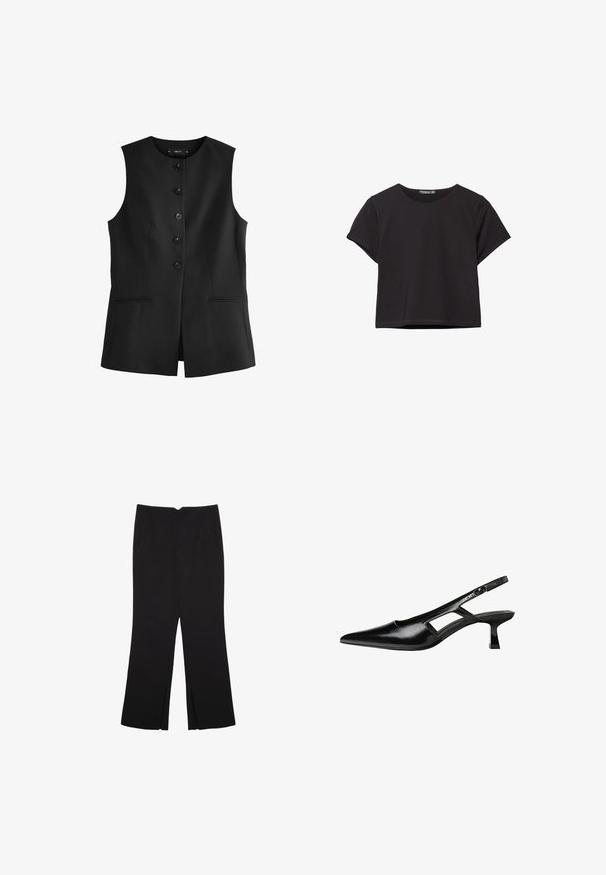 Zwarte mouwloze vest met een ronde halslijn, zes knopen aan de voorkant en twee zijzakken, gemaakt van een zachte stof.; Zwart kort mouw crop top van zachte stof, met een ronde halslijn en een losse pasvorm met een nette zoom.; Zwarte broek met een rechte pasvorm, voorzien van zijzakken en plooien aan de onderzijde. Gemaakt van zachte, gladde stof. Geschikt voor verschillende gelegenheden.; Zwarte gepatineerde leren slingback hakken met een puntige neus, uitsparing aan de zijkant en een kleine vierkante hak. Gladde textuur met minimale accenten.