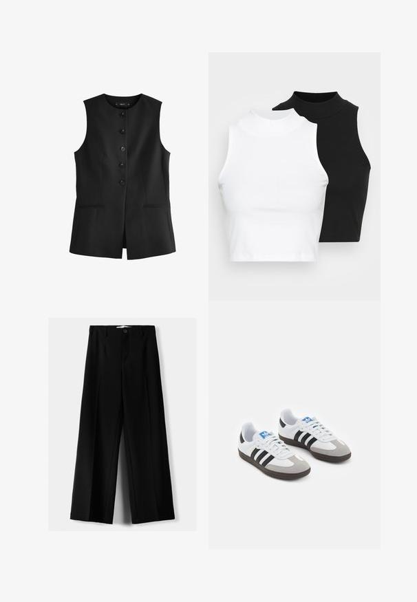 Sort ærmeløs vest med rund halsudskæring, seks frontknapper og to sidelommer, lavet af et glat stof.; To kjoleløse ribbede turtleneck-toppe i sort og hvid, med en tætsiddende design og glat tekstur, samt cropped længde.; Sorte brede bukser lavet af letvægtsstof, med frontknaplukning og glat front, samt pænt syede kanter.; Sportsko med en overdel i hvid læder, grå ruskind på tåen og tre sorte striber. Har et blåt logo på tungen og en struktureret gummisål.