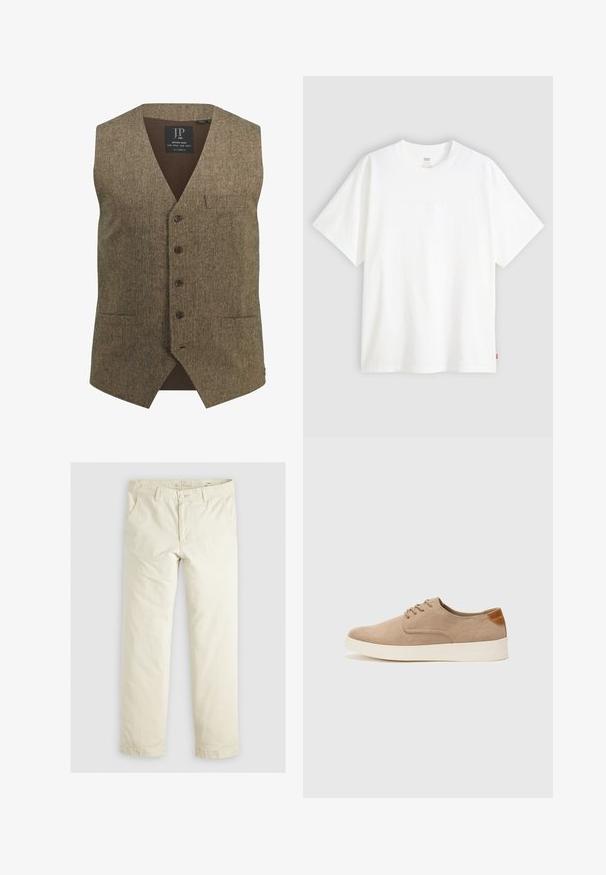 Ruskea tweed-vesti, jossa on V-kaula-aukko, viisi nappia, yksi rintatasku ja ribattu alaosa. Huomionarvoinen tekstuuri ja klassinen muotoilu.; Valkoinen lyhythihainen t-paita, joka on valmistettu puuvillasta ja jossa on pyöreä pääntie. Etupuolella on hienovarainen kohokuvioitu logo ja helmassa punainen etiketti.; Vaaleanbeige löysäntuftiset housut, joissa on kolme taskua, vyölenkit ja suora lahje. Valmistettu pehmeästä puuvillasekoitekankaasta.; Beige nubuck-lenkkarit, joissa on pyöreä kärki, nauhakiinnitys ja teksturoitu takaosa. Valkoinen kumipohja tuo kontrastia. Yksinkertainen ja moderni muotoilu.
