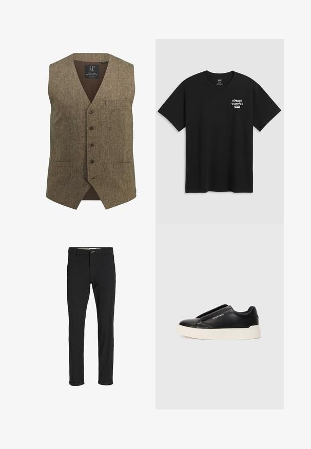 Gilet in tweed marrone con scollatura a V, cinque bottoni, taschino sul petto e schiena a coste. Tessuto caratteristico e design classico.; T-shirt in cotone nero con stampa sul petto che recita "HOUSE PLANTS" in carattere stilizzato bianco, con "Levi's" sotto. Collo a giroclassico.; Pantaloni neri in cotone misto con vestibilità slim, dotati di chiusura con bottone, tasche e orli arrotolati per un look informale.; Sneaker nera slip-on con parte superiore in pelle texturizzata, suola in gomma bianca e senza lacci visibili. Presenta il logo del marchio sul lato.