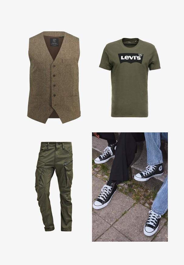 Brun tweed vest med V-hals, fem knapper, enkelt brystlomme og ribbet nederste ryg. Bemærkelsesværdig tekstur og klassisk design.; Oliven grøn bomulds t-shirt med et stort sort Levi's logo på forsiden. Klassisk rund hals og korte ærmer, glat tekstur.; Olivenfarvede cargo-bukser lavet af slidstærk bomuld. Har flere lommer, en lynlåslomme på siden og tapered ben med en let tekstureret overflade.; Sorte høje canvas sneakers med hvide gummisåler og snørebånd, prydet med et cirkulært logo på siden og parret med denim og sorte bukser.