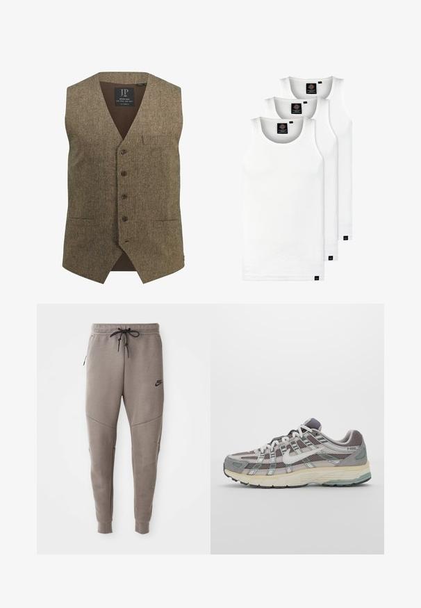 Gilet in tweed marrone con scollatura a V, cinque bottoni, taschino sul petto e schiena a coste. Tessuto caratteristico e design classico.; Tre canotte bianche a coste in cotone. Presentano un colletto rotondo e piccole etichette nere vicino all'orlo. Disponibile in diverse taglie.; Pantaloni sportivi Nike grigi con cintura regolabile, gambe affusolate, tasche laterali e dettagli di cucitura distintivi. Tessuto morbido e texture.; Scarpa sportiva grigia con tomaia in mesh e suede, dettagli bianchi, suola ammortizzata e un design distintivo con elementi riflettenti.