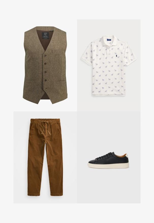 Bruine tweed vest met V-hals, vijf knopen, enkele borstzak en geribbelde onderrug. Opvallende textuur en klassieke uitstraling.; Witte polo gemaakt van katoen, met een herhaald blauw hondenpatroon en een klein blauw logo op de borst. Korte mouwen en kraag.; Bruine corduroy broek met een elastische tailleband en drawstring, zijzakken en rechte pijpen met een gestructureerde ribbel.; Zwarte leren sneakers met een gladde textuur, beige rubberen zool, vetersluiting en een contrasterende hielaccent.