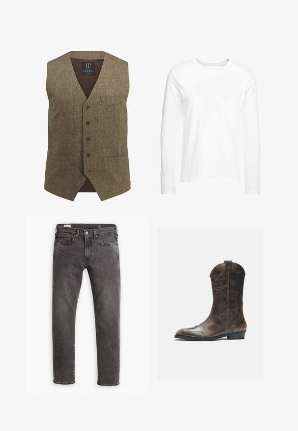 Gilet in tweed marrone con scollatura a V, cinque bottoni, taschino sul petto e schiena a coste. Tessuto caratteristico e design classico.; T-shirt bianca a maniche lunghe realizzata in morbido cotone. Collo a girocollo con orli dritti e senza motivi o grafiche visibili.; Jeans in denim grigio con taglio dritto, design a cinque tasche e chiusura con bottone. Presentano un leggero scolorimento e cuciture tonali su tutta la superficie.; Stivale da cowboy in pelle marrone con gambale alto, punta affusolata, motivi di cucitura intricati e tacco basso. Finitura testurizzata in tutto lo stivale.